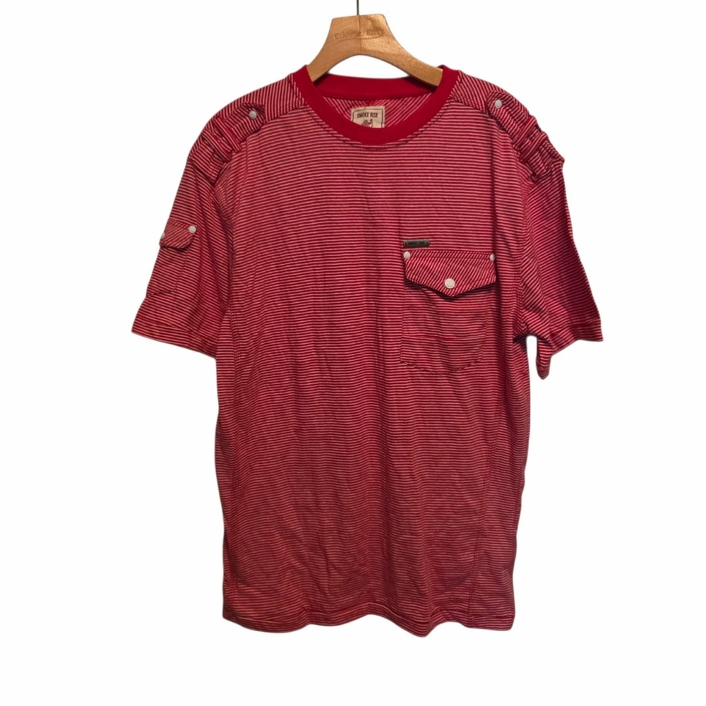 Vtg Smoke Rise T-Shirt Vintage‎ Look Red White Striped Pocket Epaulettes Large